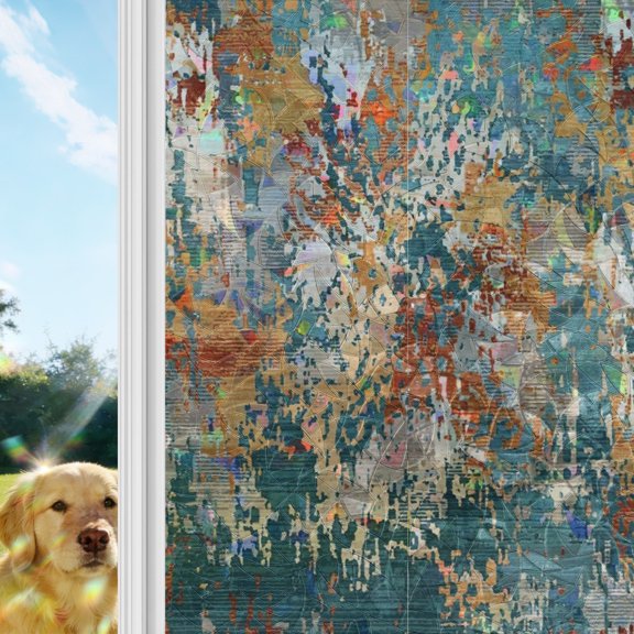 Brown Green Copper Rust Rainbow Window Privacy Film, Abstract Vintage Industrial Minimalist Stained Glass Window Film, Sun Blocking Glass Clings Non Adhesive Door Stickers 17.7 x 39.3 Inches