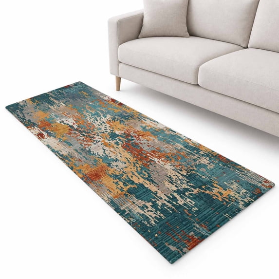 Brown Green Copper Rust Runner Rug 2.6'x10', Abstract Vintage ...