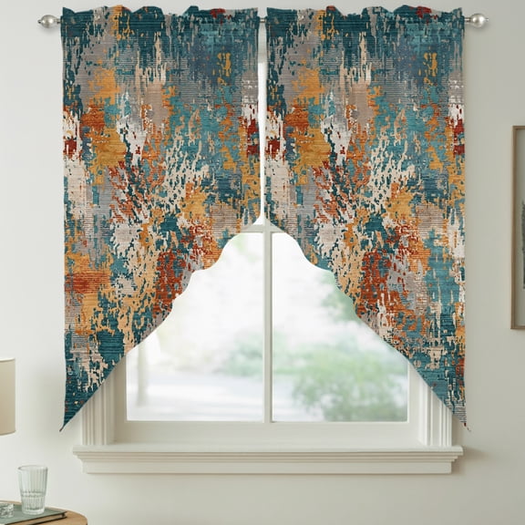 Brown Green Copper Rust Swag Kitchen Curtain Valances, Abstract Vintage Industrial Minimalist Rod Pocket Curtains Window Treatment Decor Valances for Bedroom Bathroom, 2 Panels 36 x 36 Inch