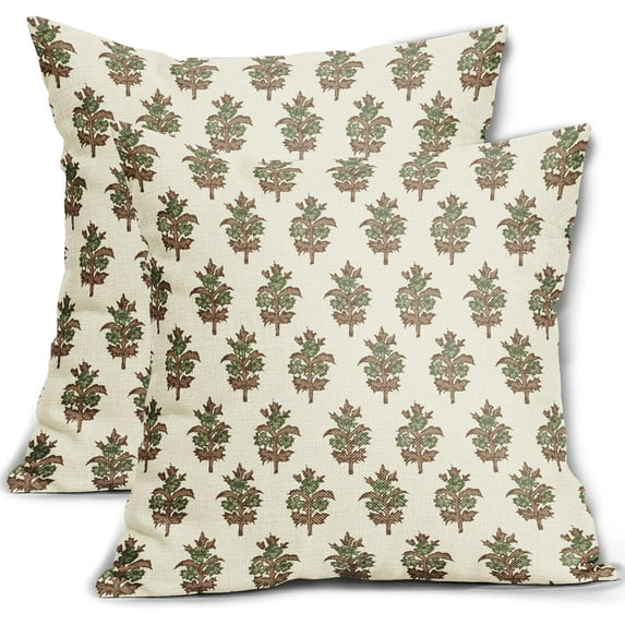 Brown Green Floral Block Print Pillow Covers 16x16 Set of 2 Spring Flower Pattern Decorative Throw Pillowcases Outdoor Rustic Farmhouse Square Cushion Cases Decor for Home Couch Sofa Bed