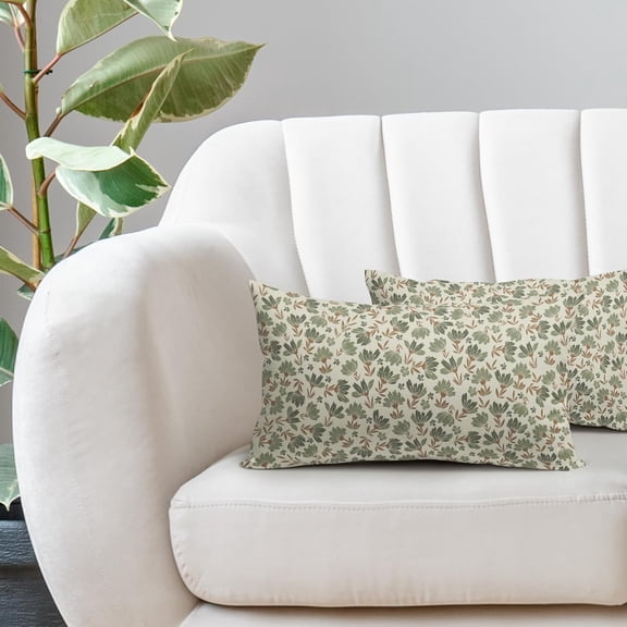 Brown Green Floral Lumbar Pillow Covers 12x20 Inch Set of 2, Rustic Cottage Style Cute Flower Block Print Decorative Throw Pillow Cases Vintage Decoration Gift Farmhouse Sofa Couch Bed Decor