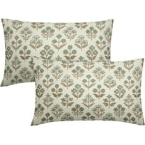 Brown Green Floral Pillow Covers 12x20 Inch Set of 2, Block Print Lumbar Flower Cream Decorative Throw Pillowcases Outdoor Farmhouse Rectangle Cushion Covers Spring Summer Sofa Couch Bed Decor