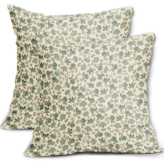 Brown Green Floral Pillow Covers 16x16 Inch Set of 2, Rustic Cottage Style Cute Flower Block Print Decorative Throw Pillow Cases Cushion Covers Vintage Decoration Gift Farmhouse Sofa Couch Bed Decor