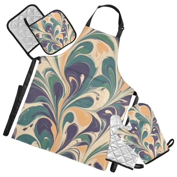 Brown Green Flow Oven Mitts and Pot Holders with Chef Apron Set 5 Pcs Kitchen Cooking Set