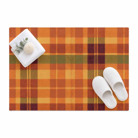 Brown Green Grid Area Rug 2'x3', Vintage Rustic Minimalist Gingham Plaid Mat Non-Slip Silicone Backing Machine Washable Area Rugs for Front Door Kitchen Sink Area