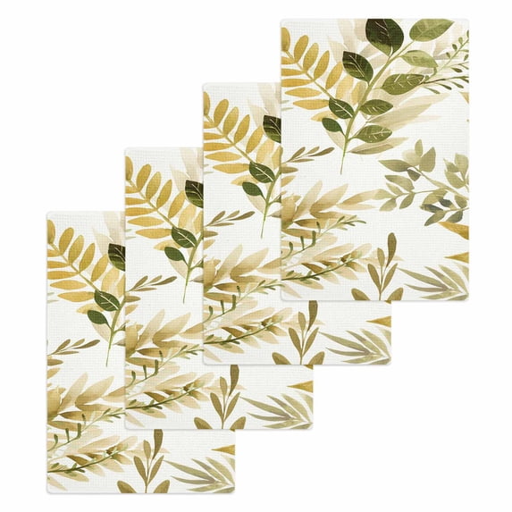 Brown Green Leaves Kitchen Dish Towels for Drying Dishes Set of 4, Summer Botanical Farmhouse Watercolor Leaf Waffle Weave Microfiber Hand Tea Bathroom Towels Quick Dry & Absorbent Towel 15.7x23.6