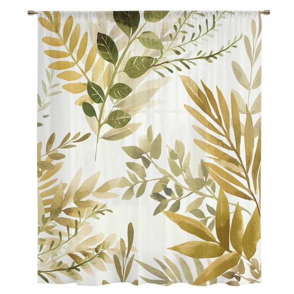 Brown Green Leaves Sheer Curtains 45" Long, Summer Botanical Farmhouse Watercolor Leaf Light Filering Curtains, Breathable Simi Curtain Privacy Drapes for Kitchen Bathroom Small Window Treatment