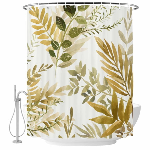 Brown Green Leaves Shower Curtain, Waterproof Shower Curtains for Bathroom, Summer Botanical Farmhouse Watercolor Leaf Washable Fabric Bathtub Curtain Set Bath Decor with 12 Hooks 72"x78"
