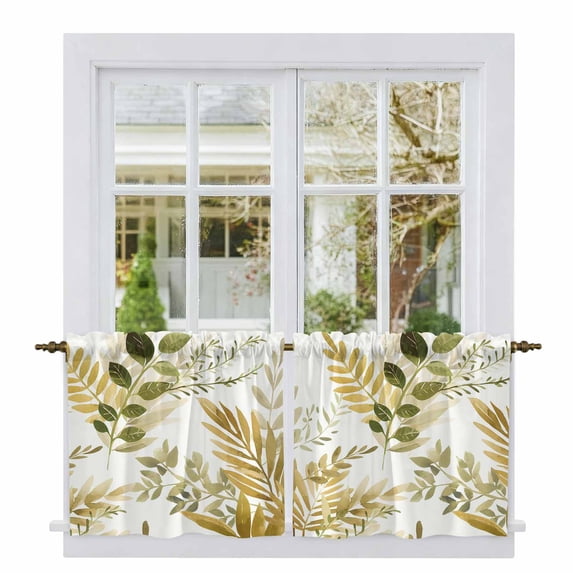Brown Green Leaves Tier Curtains 36 Inch Length, Summer Botanical Farmhouse Watercolor Leaf Cafe Short Curtains for Bathroom Sink, Small Kitchen Curtain Light Filtering Drapes 2 Panels 27.5"Wx36"L