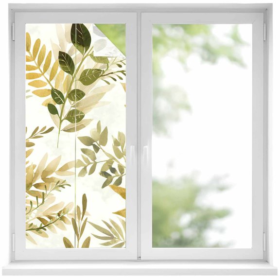 Brown Green Leaves Window Privacy Film,Summer Botanical Farmhouse Watercolor Leaf Static Cling UV Sun Blocking Heat Control Window Tint Day and Night,Non-Adhesive One Way Privacy Cover 17.7''x39.3''
