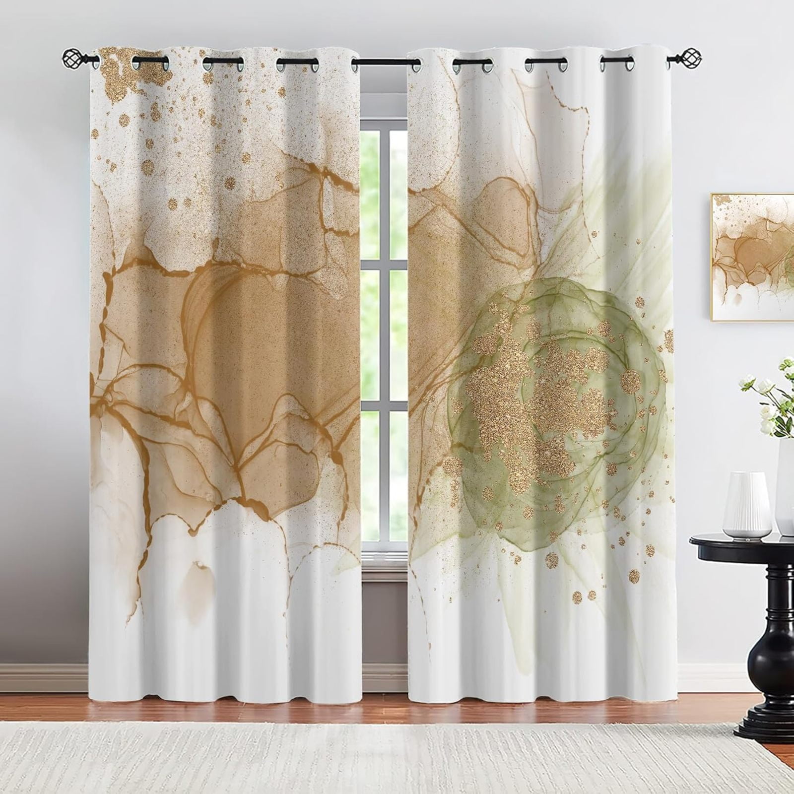 Green Jade Turquoise Marble Grommet Blackout Curtains, Gilded