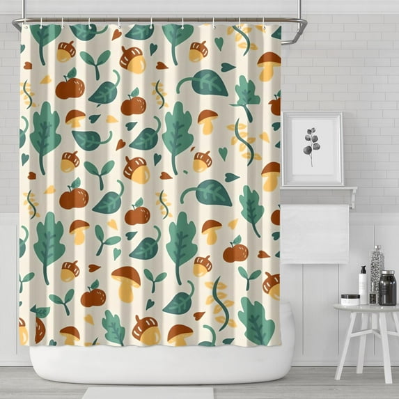 Brown Green Mushroom Fruit Leaf Beige Pattern Shower Curtain 84"x72" ,Bathroom Decorative Shower Curtains Set with 12 Hooks,Modern Waterproof Washable Shower Curtain