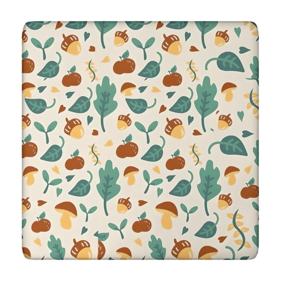 Brown Green Mushroom Fruit Leaf Beige Pattern Square Fitted Tablecloth with Elastic Edge,Square Table Cover,Washable Elastic Table Cover for Home Kitchen Party Decor 34"x34"