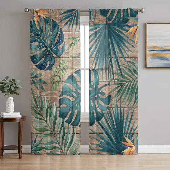Brown Green Palm Leaf Sheer Curtains 96 Inch Length 2 Panels Set, Summer Tropical Botanical Vintage Voile Window Treatment Semi Sheer Long Curtains Drapes for Bedroom/Living Room/Kitchen 52"x96"x2