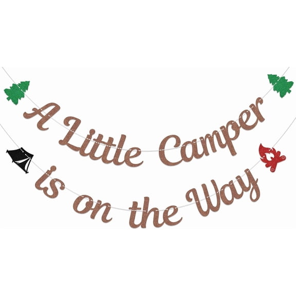 Brown, Green & Red Glitter "A Little Camper Is On The Way" Banner with Trees, Tent & Campfire, Camping Themed Baby Shower Party Supplies