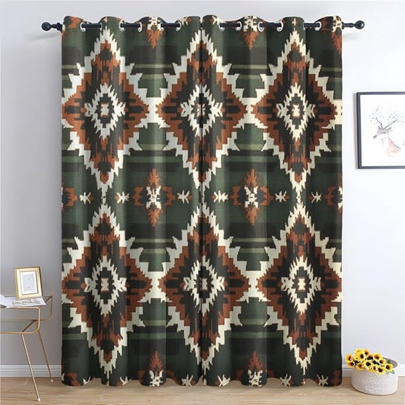 Brown Green Southwestern Patterned Blackout Curtains For Bedroom, Living Room Decor, Room Darkening Thermal Insulated Grommet Drapes, Tribal Aztec Curtains 53"W x 63"L (Pack of 2)