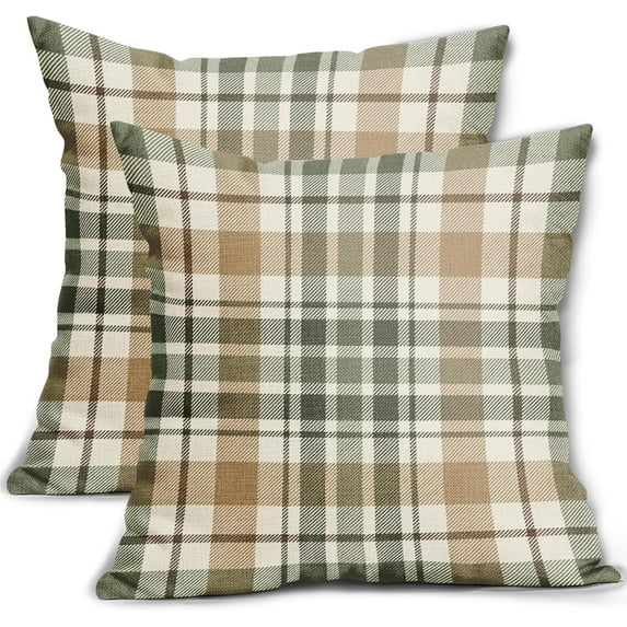 Brown Green Spring Plaid Pillow Covers 18x18 Set of 2 Seasonal Tartan Buffalo Plaid Holiday Print Decorative Outdoor Pillowcases Farmhouse Summer Throw Cushion Case Couch Sofa Bed Decor