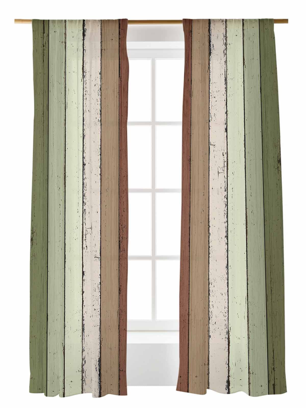 Rectangular Curtains Brown Green Striped Sheer Curtains 2 Panels Set Modern Vintage Wood ...