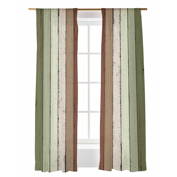 Brown Green Striped Sheer Curtains 2 Panels Set Modern Vintage Wood Texture Rectangle Lihgt Filtering Rod Pocket Voile Drape, Semi Sheer Window Curtains for Bedroom Living Room, 52"x96"
