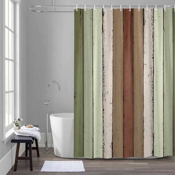 Brown Green Striped Shower Curtain for Bathroom Decor, Modern Vintage Wood Texture Rectangle Waterproof Fabric Shower Curtain, 54"x78" Set with 12 Hooks