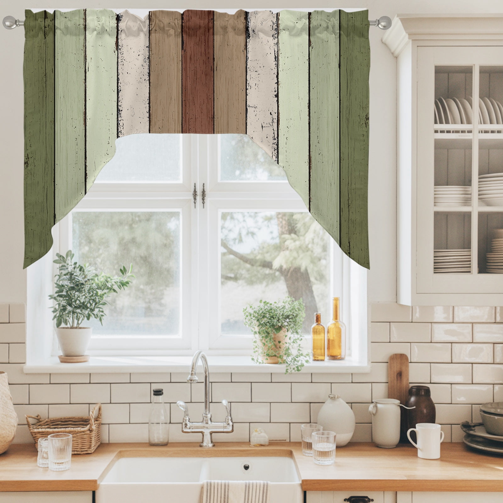 Brown Green Striped Swag Curtain Valance for Windows, Modern Vintage ...