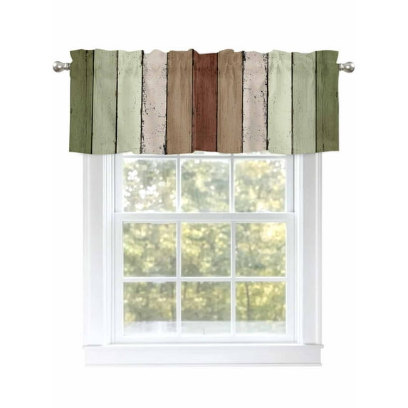 Brown Green Striped Valances for Windows Modern Vintage Wood Texture Rectangle Rod Pocket Curtains Valance Short Window Treatment Drapes for Living Room, Bedroom Bathroom 54" W x 18" L