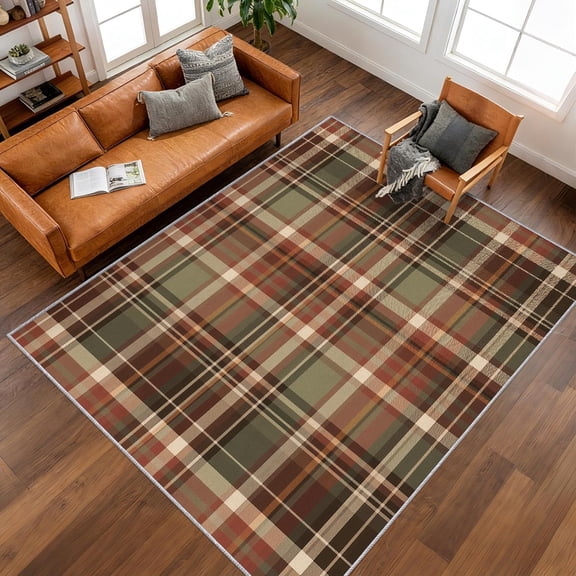 Brown Green Tartan Area Rugs, Brown Green Gingham Plaid Check Pattern Carpet, Washable Non Slip Low Pile Soft Rug for Living Room Bedroom Decor Mat 2x3ft