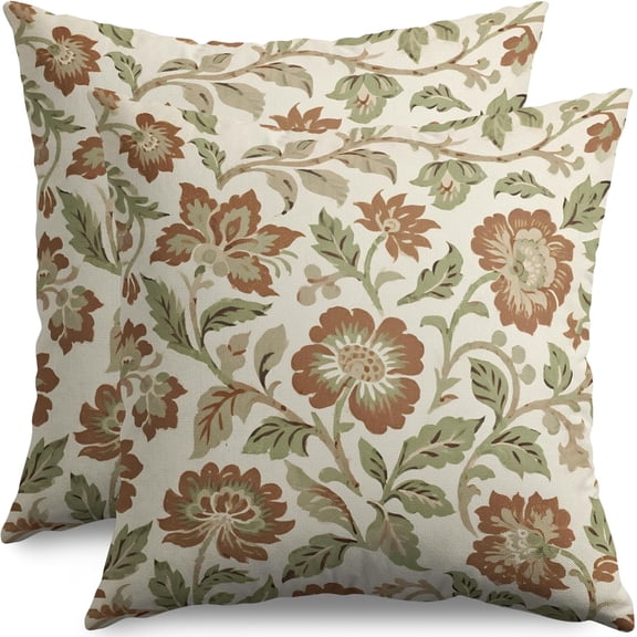 Brown Green Vintage Floral Pillow Covers 16x16 Inch Set of 2, Boho Farmhouse Flowers Pattern Spring Decorative Throw Pillow Cases Rustic Seasonal Cushion Covers Outdoor Decor for Sofa Couch Bed