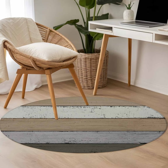 Brown Green Wood Grain 3.3ft Round Rug for Bedroom Reading Corner, Countryside Stripe Washable Non Slip Circle Area Rug