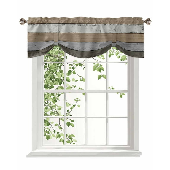 Brown Green Wood Grain Tie Up Valances Curtain, Adjustable Kitchen Countryside Stripe Valances for Windows Decor, Rod Pocket Short Curtains Set for Bedroom/Bathroom, 54"x18"