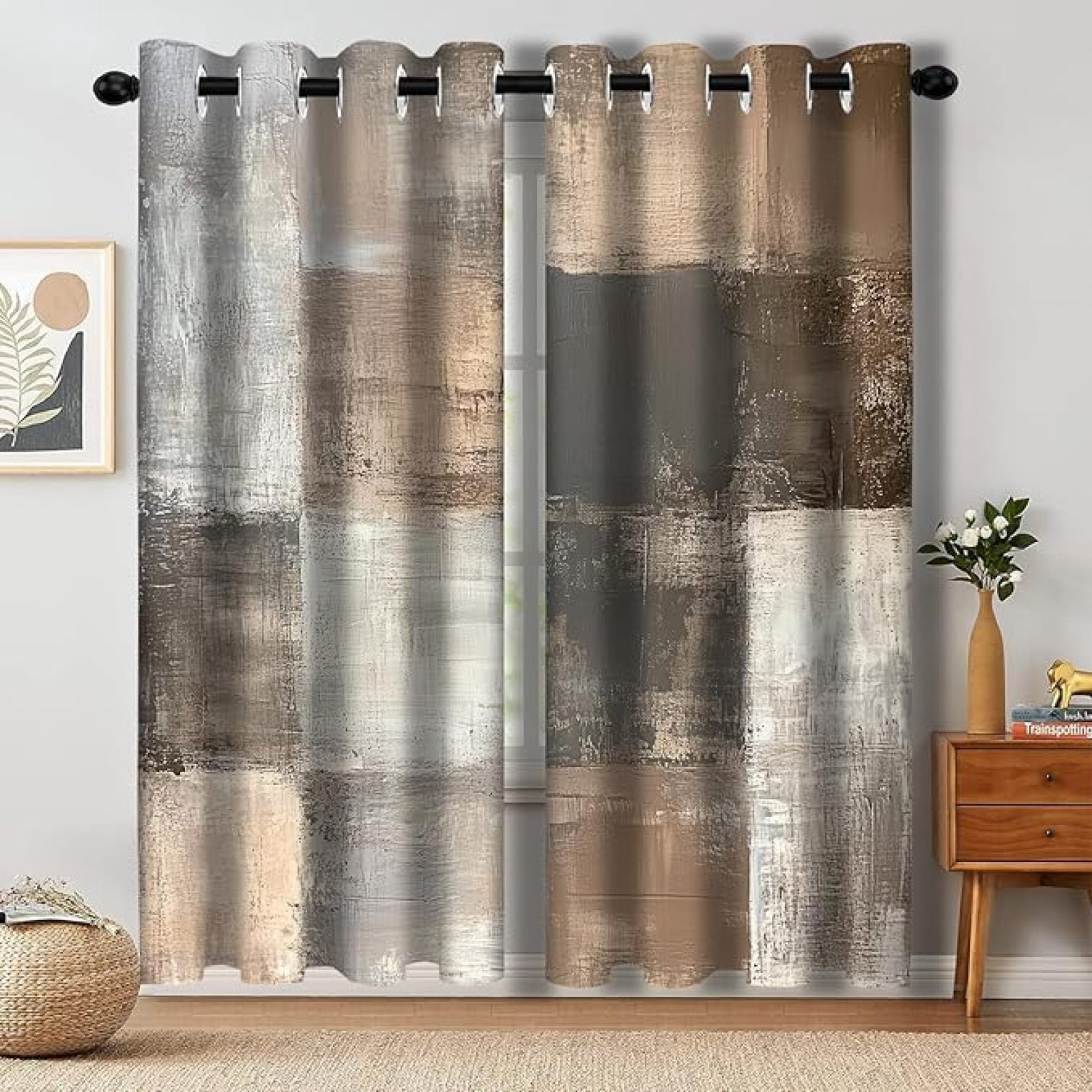 Brown Grey Abstract Blackout Curtain, Rustic Farmhouse Aesthetic Unique Vintage Window Curtains Living Room Bedroom Decor Darkening Window Drapes Treatments 42"W x 84"L (Pack of 2)