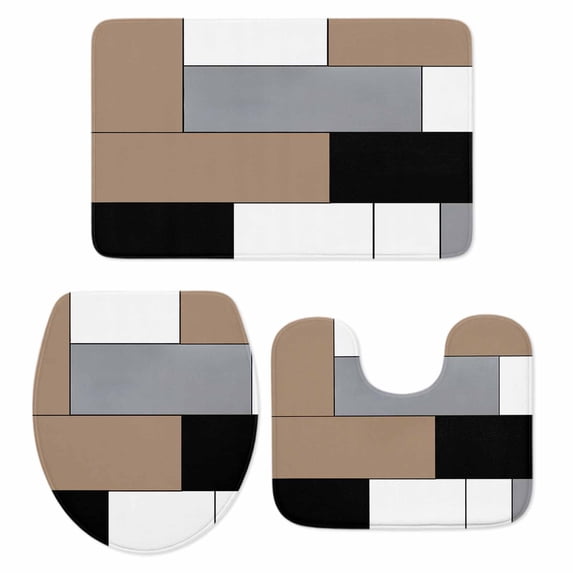 Brown Grey Bath Mat 3 Piece Bathroom Rug Set, Modern Brown Geometric Non Slip Bath Rug Contour Mat and Toilet Lid Cover, Absorbent Shower Mats Soft Bath Rugs and Mats Sets