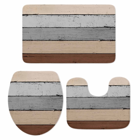 Brown Grey Bath Mat 3 Piece Bathroom Rug Set, Vintage Stripe Farmhouse Wood Grain Ombre Non Slip Bath Rug Contour Mat and Toilet Lid Cover, Absorbent Shower Mats Soft Bath Rugs and Mats Sets