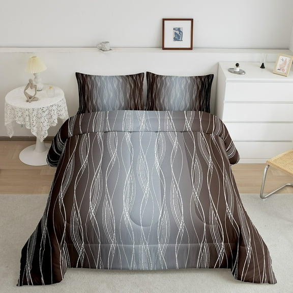 Brown Grey Comforter Set King Size Coffee Color Gray White Ombre Comforter Abstract Gradient Bedding Set Adult Men Geometric Silver Striped Bed Set Modern Bedroom Decor