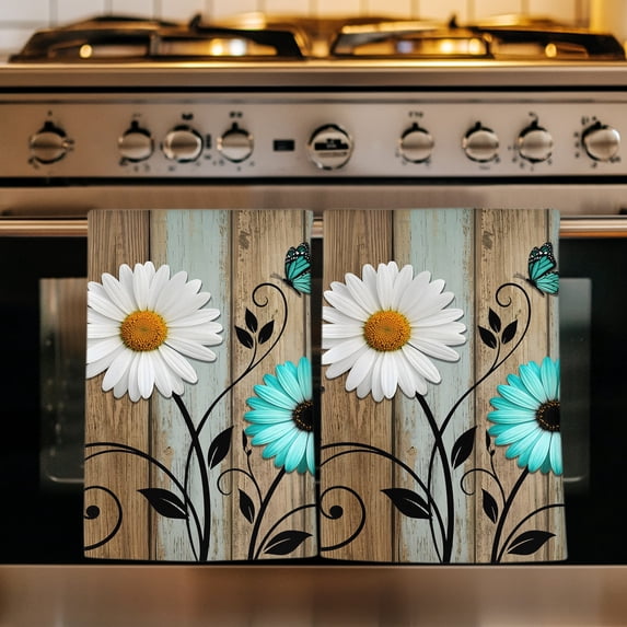 Brown Grey Daisy Farmhouse Kitchen Towels Set of 3, Country Vintage Floral Absorbent Dish Towels for Kitchen, Microfiber Hand Towel, Quick Drying Tea Towel for Cleaning Decorative Dishcloths