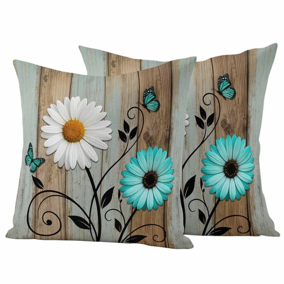 Brown Grey Daisy Farmhouse Outdoor Waterproof Pillow Covers, Country Vintage Floral Decorative Square Throw Pillowcase Sofa Cushion Sham for Patio/Couch/Chair, 24"x24" 2 Pack