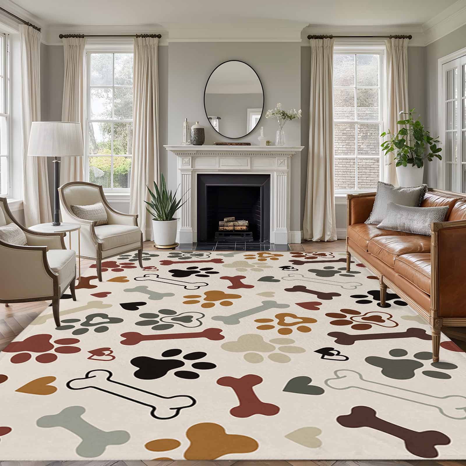 Brown Grey Dog Paw 6'x9' Area Rug for Living Room, Vintage Dog Bones ...