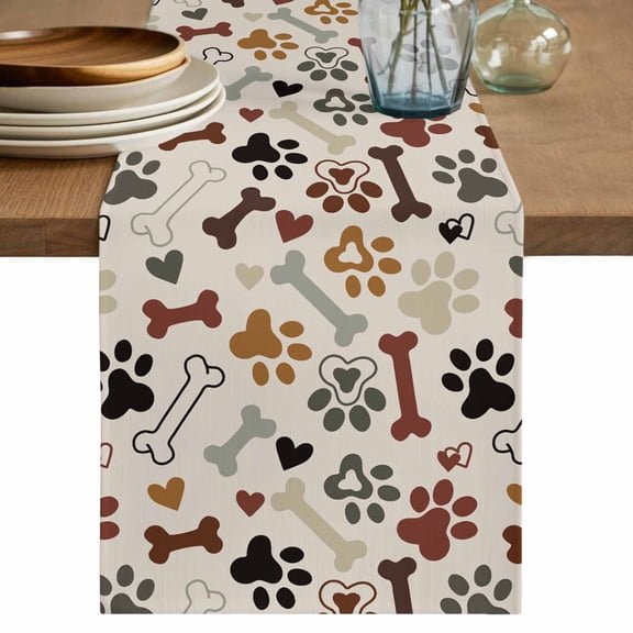 Brown Grey Dog Paw Table Runner, Vintage Dog Bones Love Heart Washable Cotton Linen Table Runners 36 Inches Long, Dresser Scarf Runner for Nightstand/End Tables/Round Tables 13''x36''