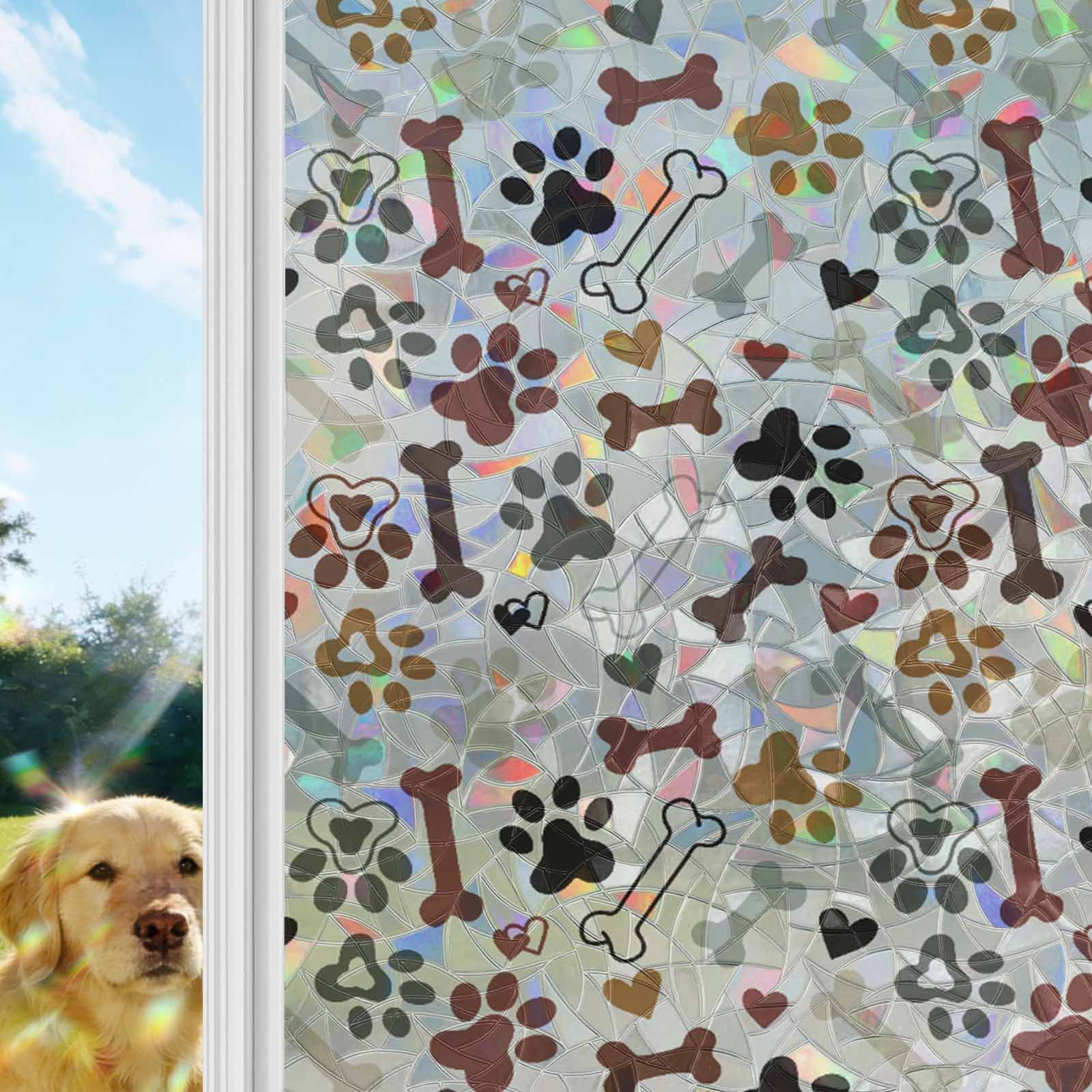Brown Grey Dog Paw Window Privacy Film Stain Glass,Reusable Decorative Rainbow Window Film,Vintage Dog Bones Love Heart Static Cling Sun Blocking Stickers Decals Covers 23.6" x 59" (2pcs)