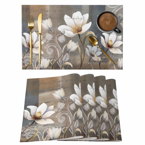 Brown Grey Floral Placemats Set of 4, Spring Summer Botanical Vintage Placemats for Dining Table, Place Mats for Kitchen Tabletop, Waterproof Wipeable Dining Table Mats Set