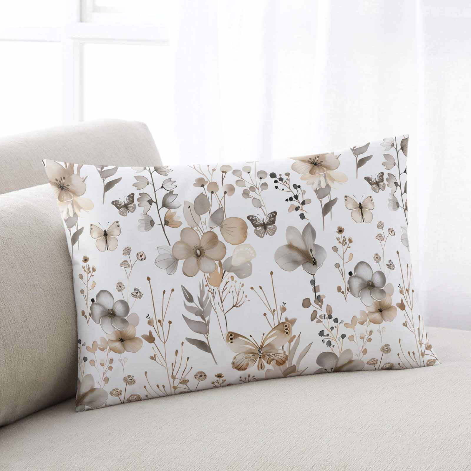 Brown Grey Floral Spring Body Pillow Cover, Pillowcase Protectors with Zipper, Breathable Decorative Throw Pillow Case Cover, Watercolor Botanical Butterfly Pillow Shams for Couch Sofa 24x36Inch