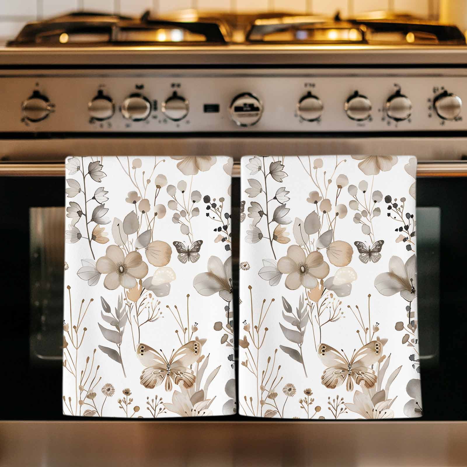 Brown Grey Floral Spring Kitchen Towels Set of 2, Watercolor Botanical Butterfly Absorbent Dish Towels for Kitchen, Microfiber Hand Towel, Quick Drying Tea Towel for Cleaning Decorative Dishcloths