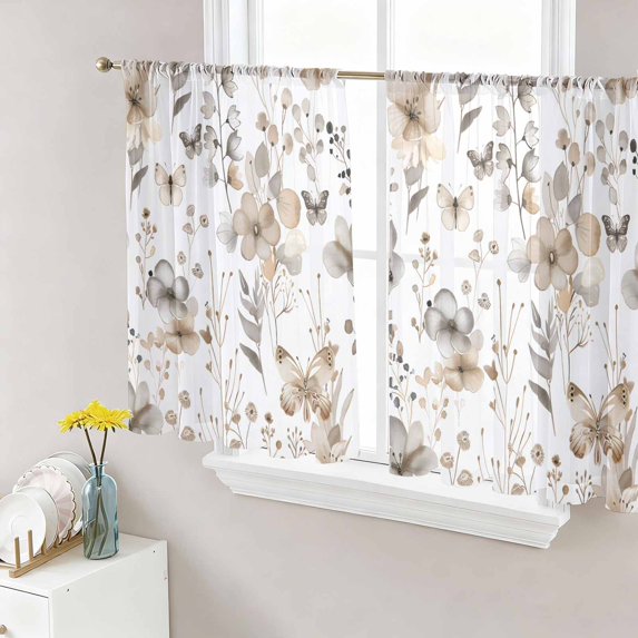 Brown Grey Floral Spring Semi Sheer Curtains 45 Inch Length 2 Panels Set, Watercolor Botanical Butterfly Sheer Kitchen Curtain Privacy Voile Window Curtain for Living Room Bedroom Rod Pocket Drapes