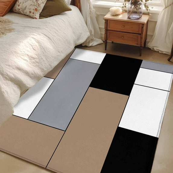 Brown Grey Geometric 3x5 Area Rugs, Modern Black White Abstract Art Non-Skid Rubber Backing Large Rectangle Rugs - Living Room Bedroom Home Office, Indoor Floor Mat Carpets Washable Rug