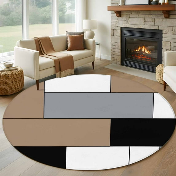 Brown Grey Geometric 5ft Round Rug, Modern Black White Abstract Art Non-Skid Rubber Backing Large Area Rugs - Living Room Bedroom Home Office, Indoor Floor Mat Carpets Washable Rug