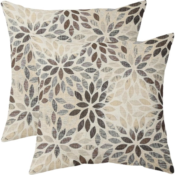 Brown Grey Gray CreamDahlia Pillow Covers 18x18 Set of 2 Rustic Geometric Floral Outdoor Decorative Throw Pillows Summer Farmhouse Pillowcases Linen Cushion Case Decor for Home Sofa Couch Bed