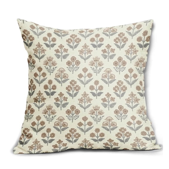 Brown Grey Gray Floral Block Print Pillow Covers 18x18 Inch Set of 2, Vintage Flower Pattern Decorative Throw Pillowcases Outdoor Farmhouse Cushion Covers Spring Summer Rustic Sofa Couch Bed Decor