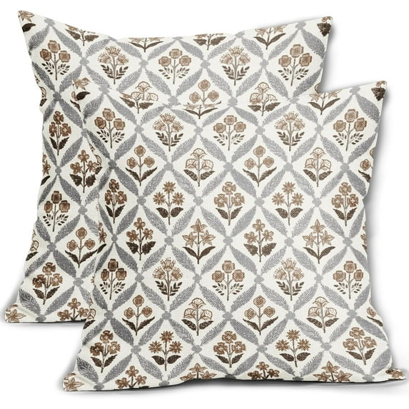 Brown Grey Gray Floral Block Print Pillow Covers 20X20 Set of 2, Flower Pattern Spring Summer Print Decorative Throw Pillow Covers Outdoor Farmhouse Seasonal Cushion Case Couch Sofa Bed Decor