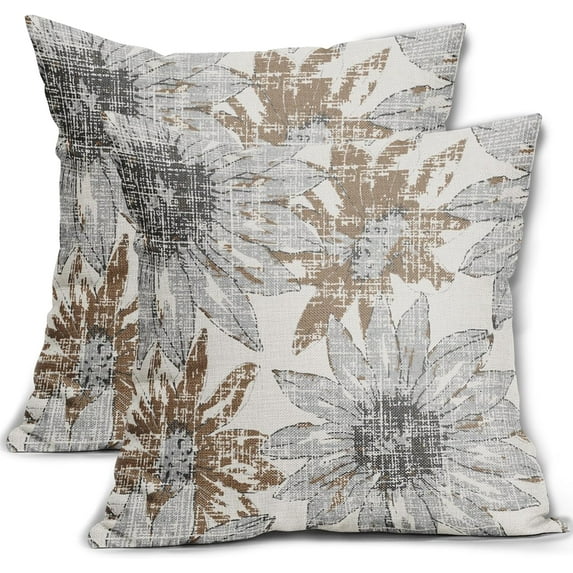 Brown Grey Gray Pillow Covers 16x16 Set of 2 Retro Sunflower Flowers Print Decorative Throw Pillows Outdoor Modern Art Floral Pillowcase Square Linen Cushion Case for Home Sofa Couch Bed