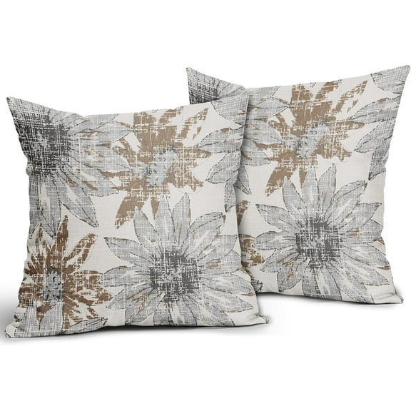 Brown Grey Gray Pillow Covers 18x18 Set of 2 Retro Sunflower Flowers Print Decorative Throw Pillows Outdoor Modern Art Floral Pillowcase Square Linen Cushion Case for Home Sofa Couch Bed